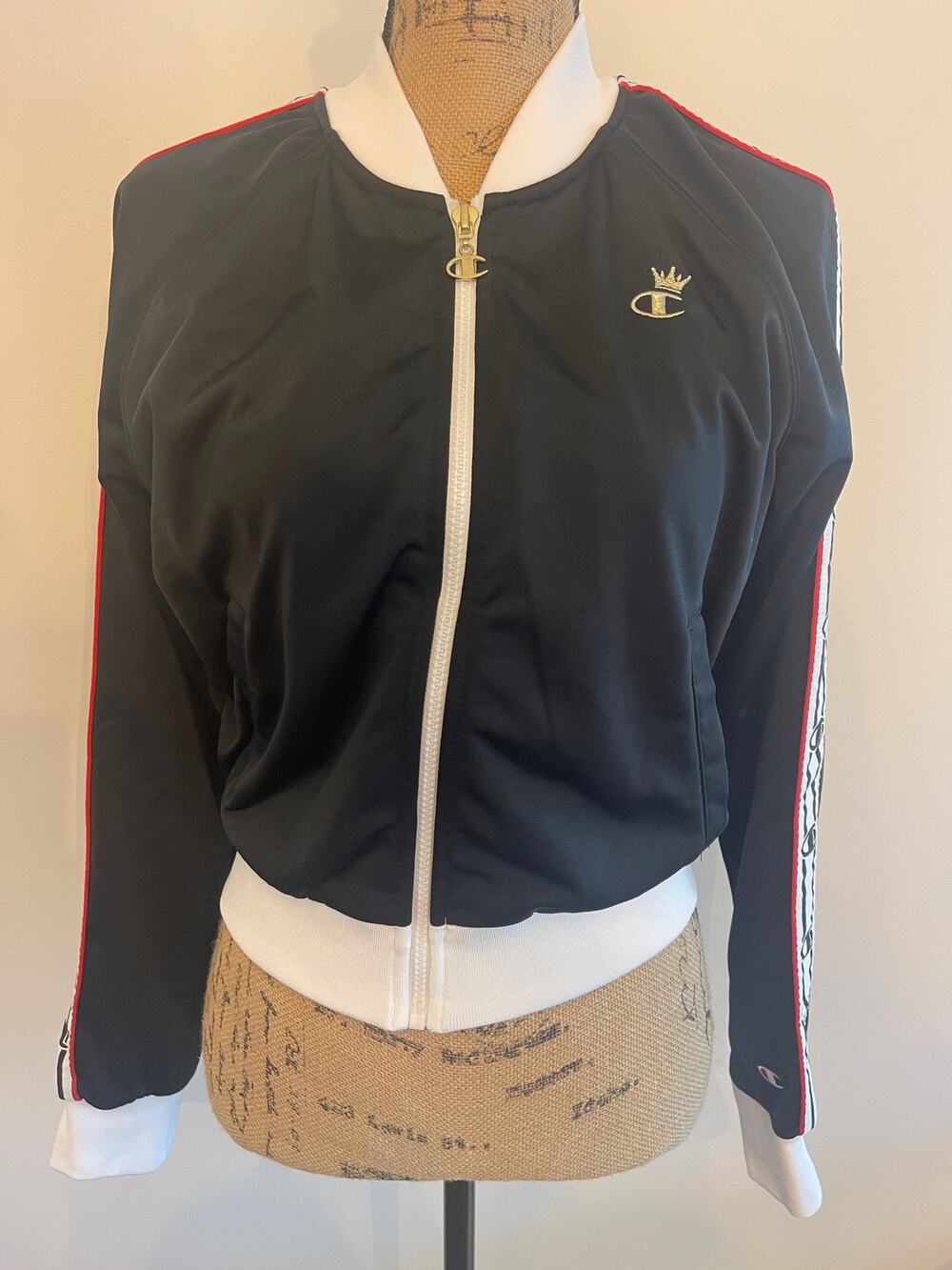 Champion Ladies Throwback Old School Y2K Hip Hop Crop Black Track Jacket Medium